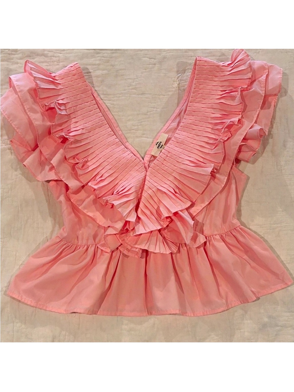 Entro Pink Solid V-Neck Flutter Short Sleeve Ruffle Pleated Woven Blouse M
